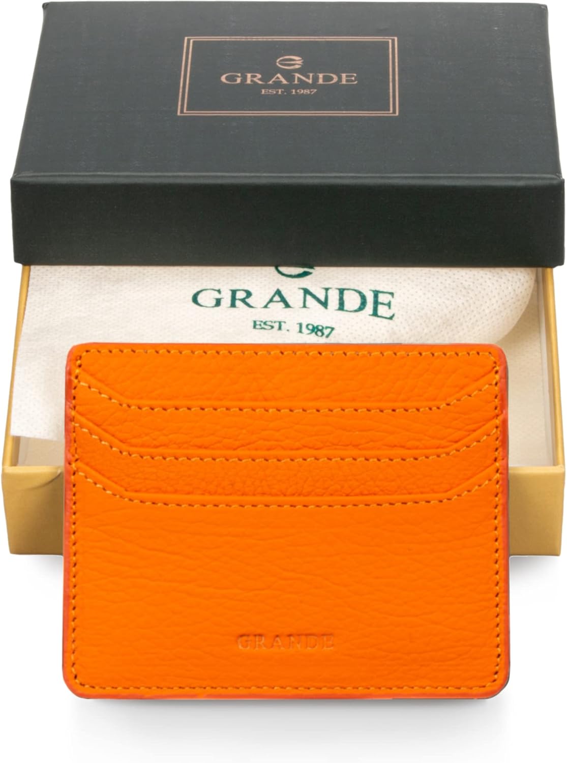 grande 3633 Genuine Leather Card Holder For Women and Men Super Slim Minimalist Small Snap Wallet (Orange) - Image 4