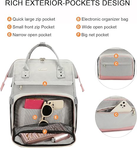 Miniatura 3 de LOVEVOOK Mochila para laptop para mujer, mochila de viaje de 17 pulgadas, bolsa de libros para enfermeras, escuela, profesores, gris claro, rosa