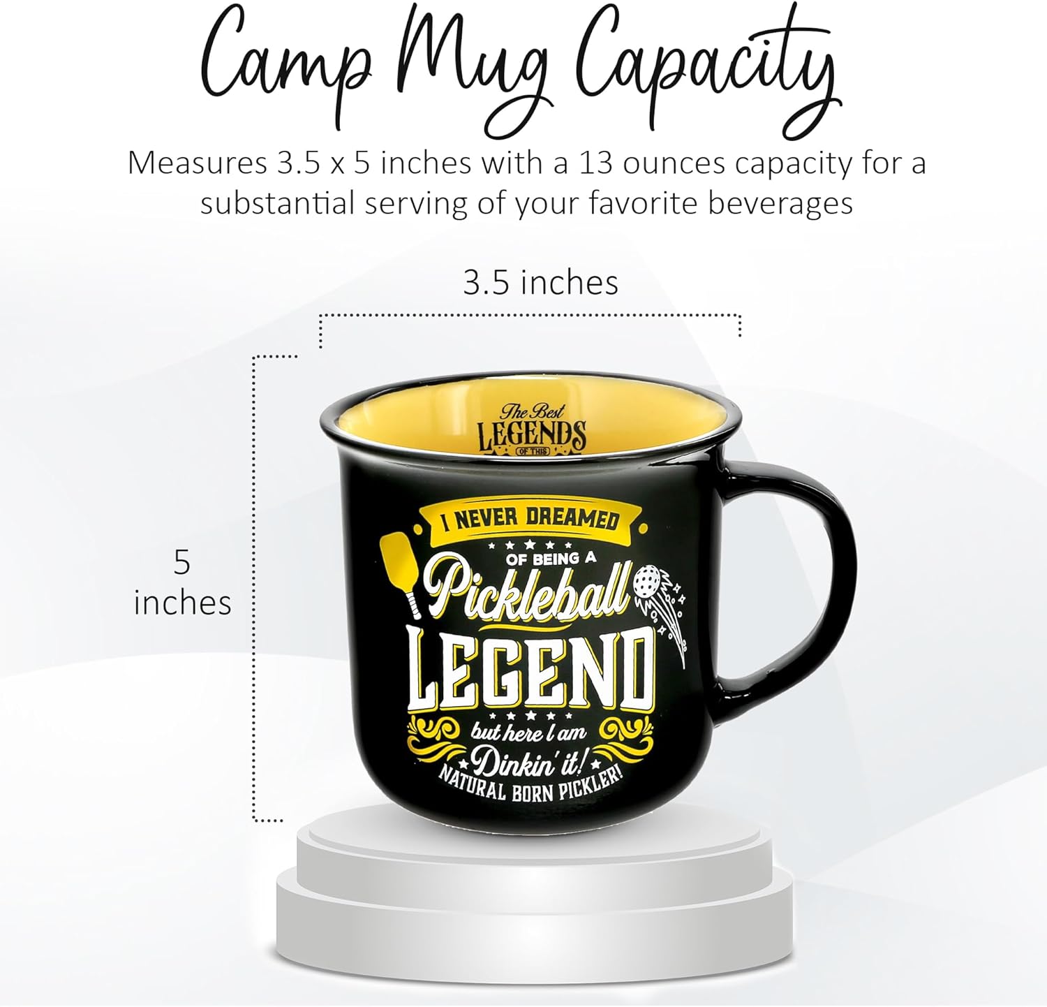 Pavilion Gift Company - Pickleball Legend - Ceramic 13-ounce Campfire Mug, Double Sided Coffee Cup, Pickleball Gifts For Women, Pickleball Gifts, 1 Count, 3.75 x 5 x 3.5-Inches, Black/Yellow - Image 3