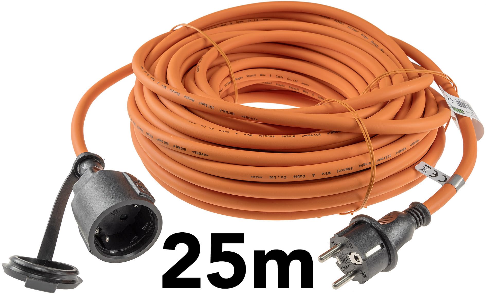 Cable de extensión ChiliTec de 25 m con tapa protectora para uso interior y exterior - H07RN-F 3G1.5 IP44, cable de goma con contacto a tierra, apto para obras de construcción, jardines y cortacéspede