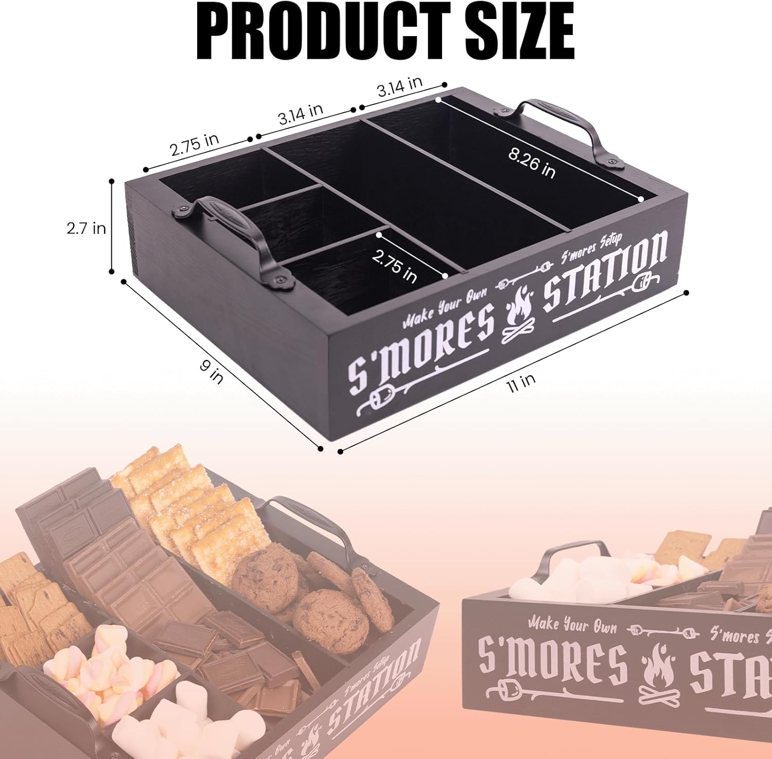 Extguds S'Mores Station with Cutout Handles,Sets:1 Smores Caddy+4 Roasting Sticks,for Fire Pit,Perfect for Party, Outdoor Camping and Bonfires,Wooden,Rustic (Black)