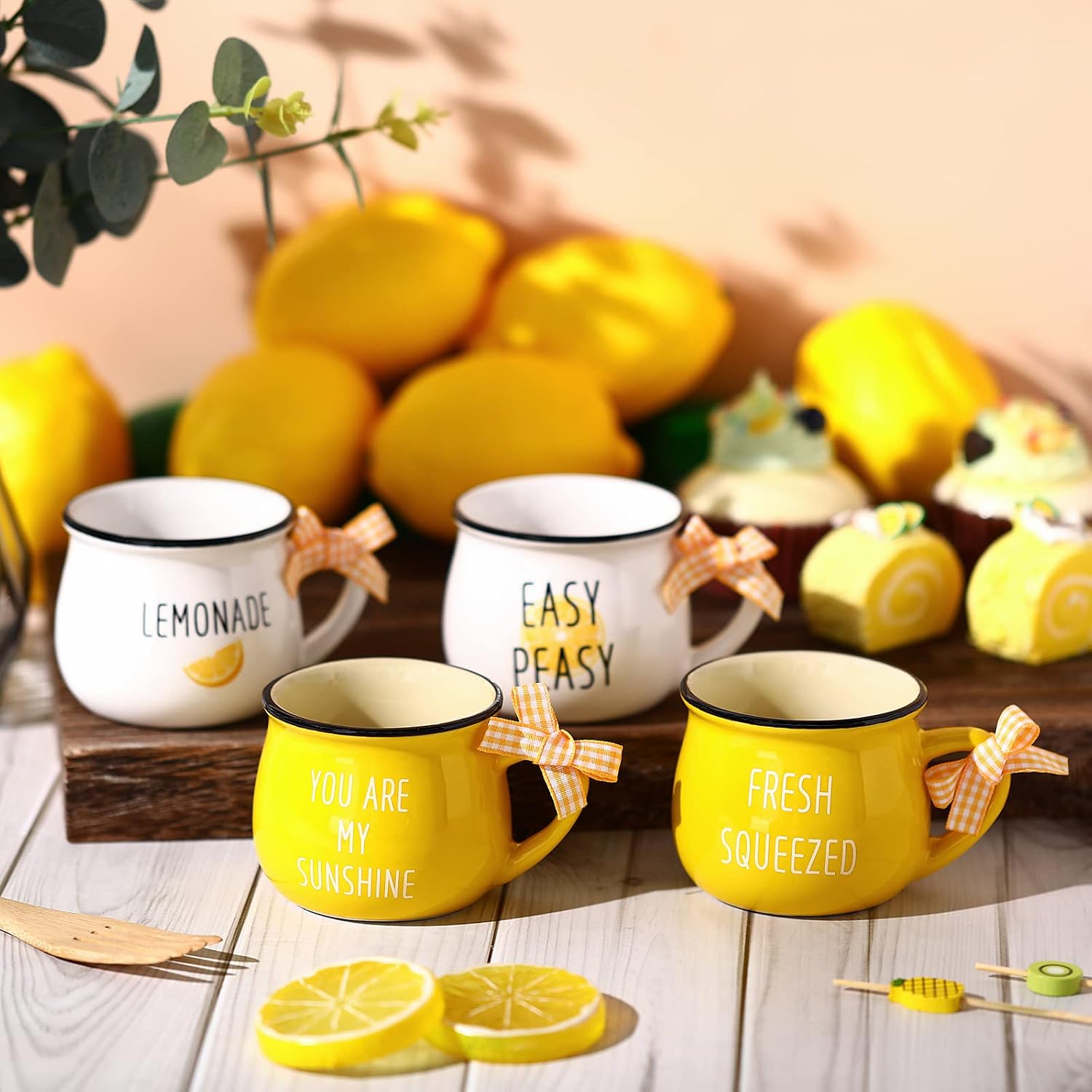 Patelai 4 Pcs Lemon Cups Mini Coffee Mug 5 oz Espresso Cups Set with Handle Lemon Tiered Tray Decor for Coffee Bar Decoration Holiday Party Gift