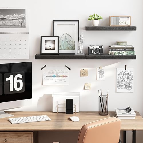 Miniatura 6 de Fixwal Juego de 5 estantes flotantes de madera rústica de 15.8 pulgadas para almacenamiento de pared con soportes invisibles, decoración de pared de