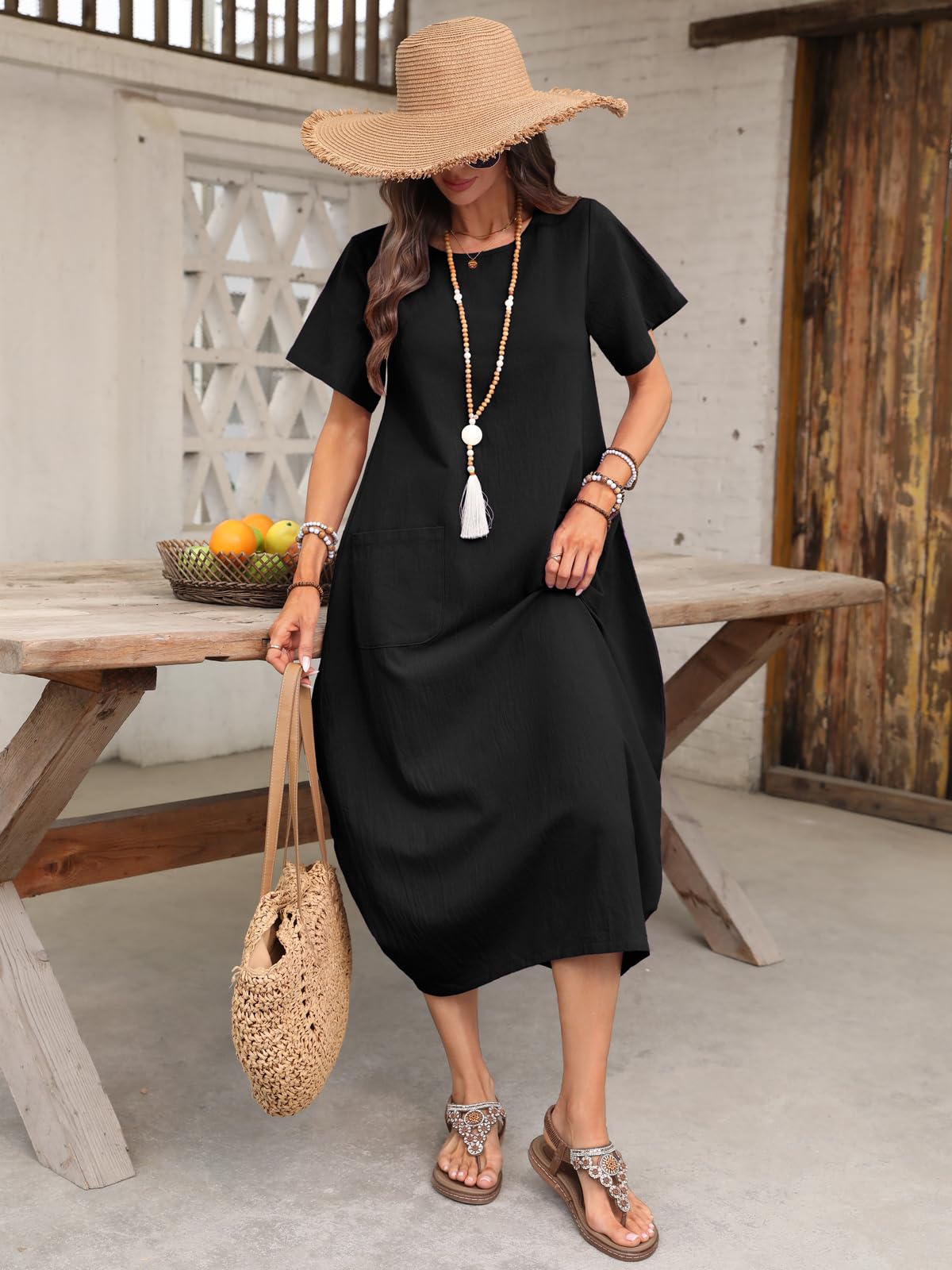 ZANZEA Donna Maxi Abito Maniche Corte Bottoni Camicia Abiti Estiva Casuale Vestiti Tinta Unita Spacco Lunga Sera Abiti