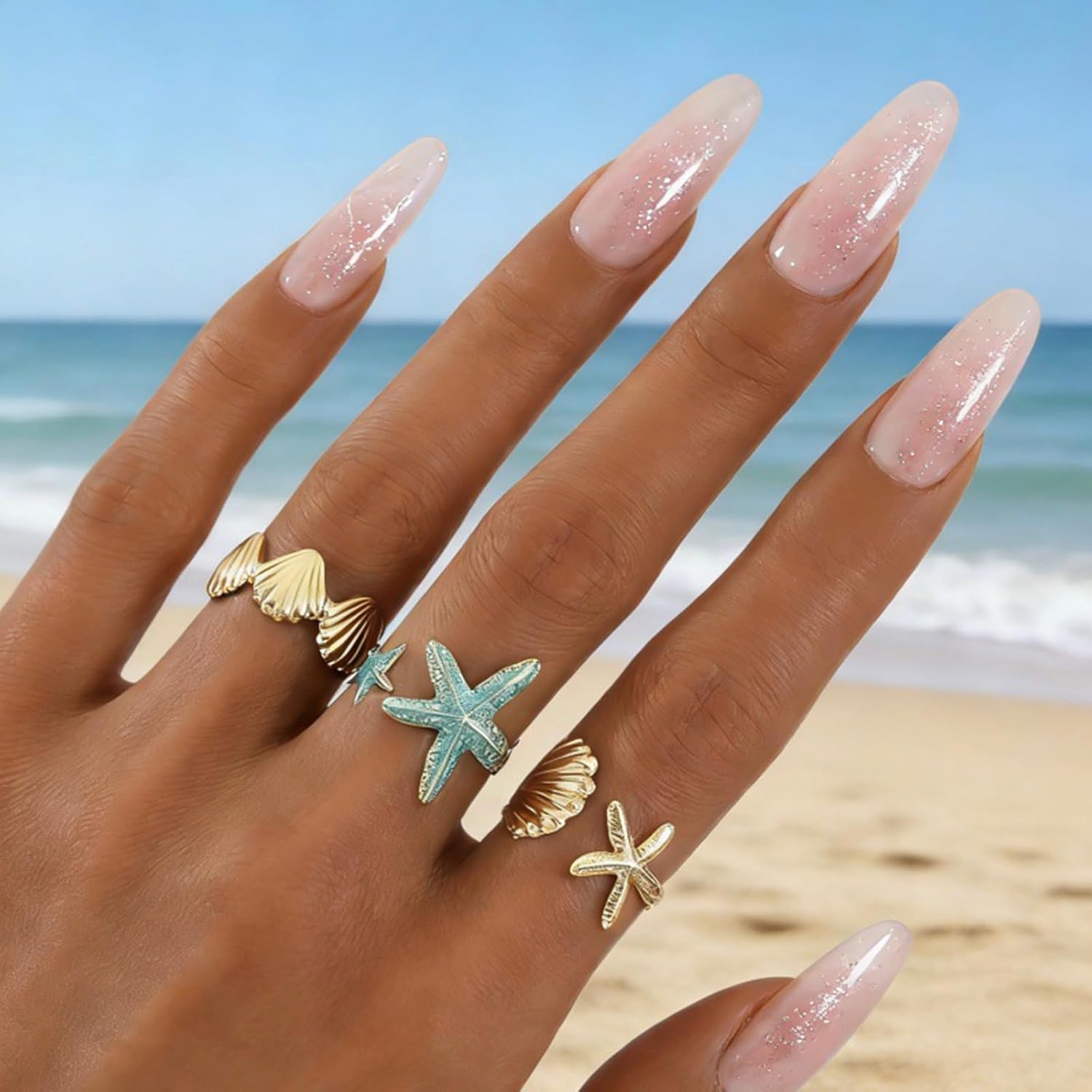 Starfish Rings for Women Gold Shell Open Rings Set Blue Starfish Seashell Rings Sparkly Star Shell Statement Rings Summer Beach Jewelry Accessories