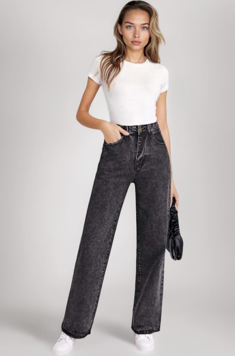 KOTTY Women's High Waist Straight Fit Cotton Blend Denim Jeans|Comfortable Regular Length Casual Jeans for Women