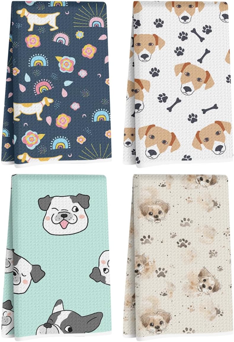 4 Pcs Cute Dog Kitchen Towels, Whimsical Decorative Dish Cloth Tea Towel
