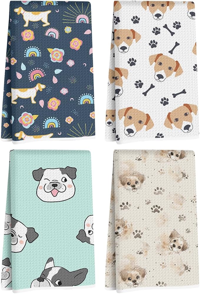 4Pcs Cute Dog Kitchen Towels, Whimsical Decorative Absorbent Microfiber Dish Cloth Tea Towel, Waffle Hand Towels for Farmhouse Home Bathroom, Dog Gifts