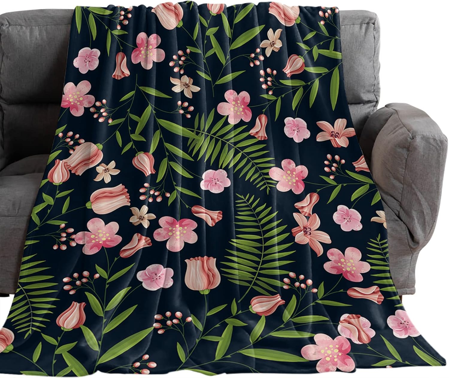 Flannel Fleece Throw Blanket Spring Pink Flower Leaf Black