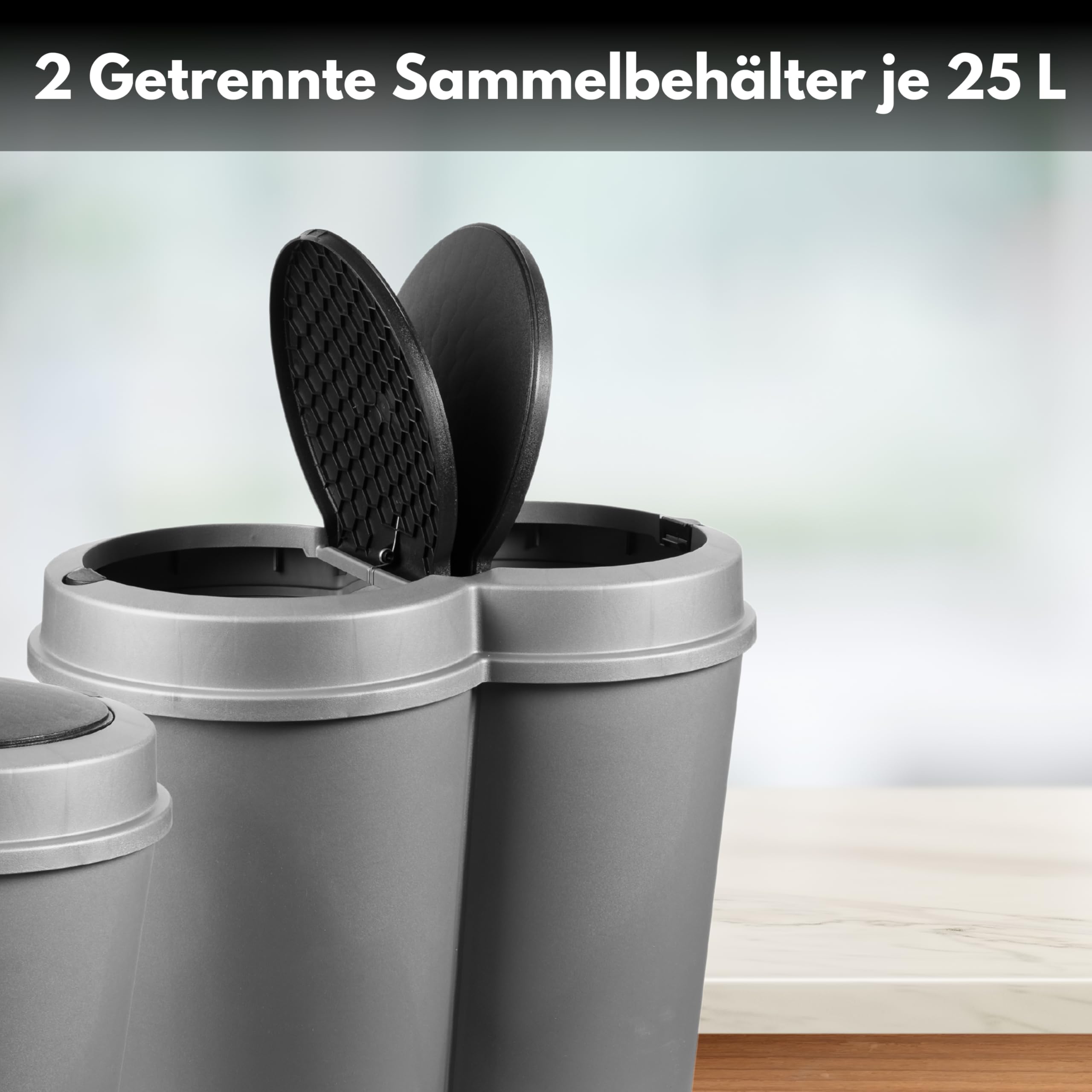 SUSTANIAPattumiera Silver 50 L con coperchio scorrevole nero 25 cm x altezza 68 cm – Grande pattumiera in plastica per cucina o ufficio – Inodore con coperchio rotondo, Made in EU