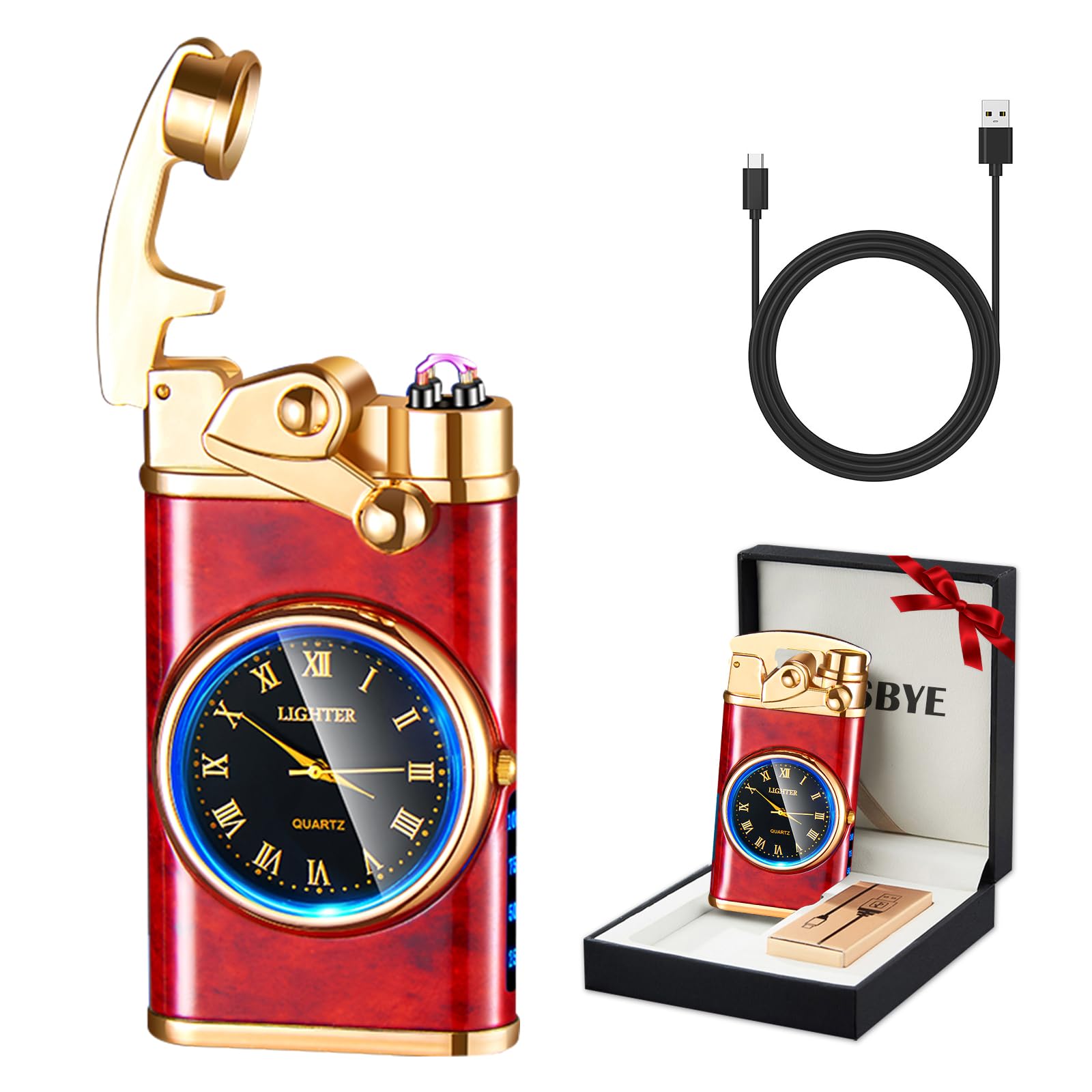 RSBYE Electric Lighter USB Rechargeable Lighter, Windproof Dual Arc Plasma Lighter Lighter, Flameless Electronic Cool Lighters with LED Battery Indication for Men (Red Wood Clock)