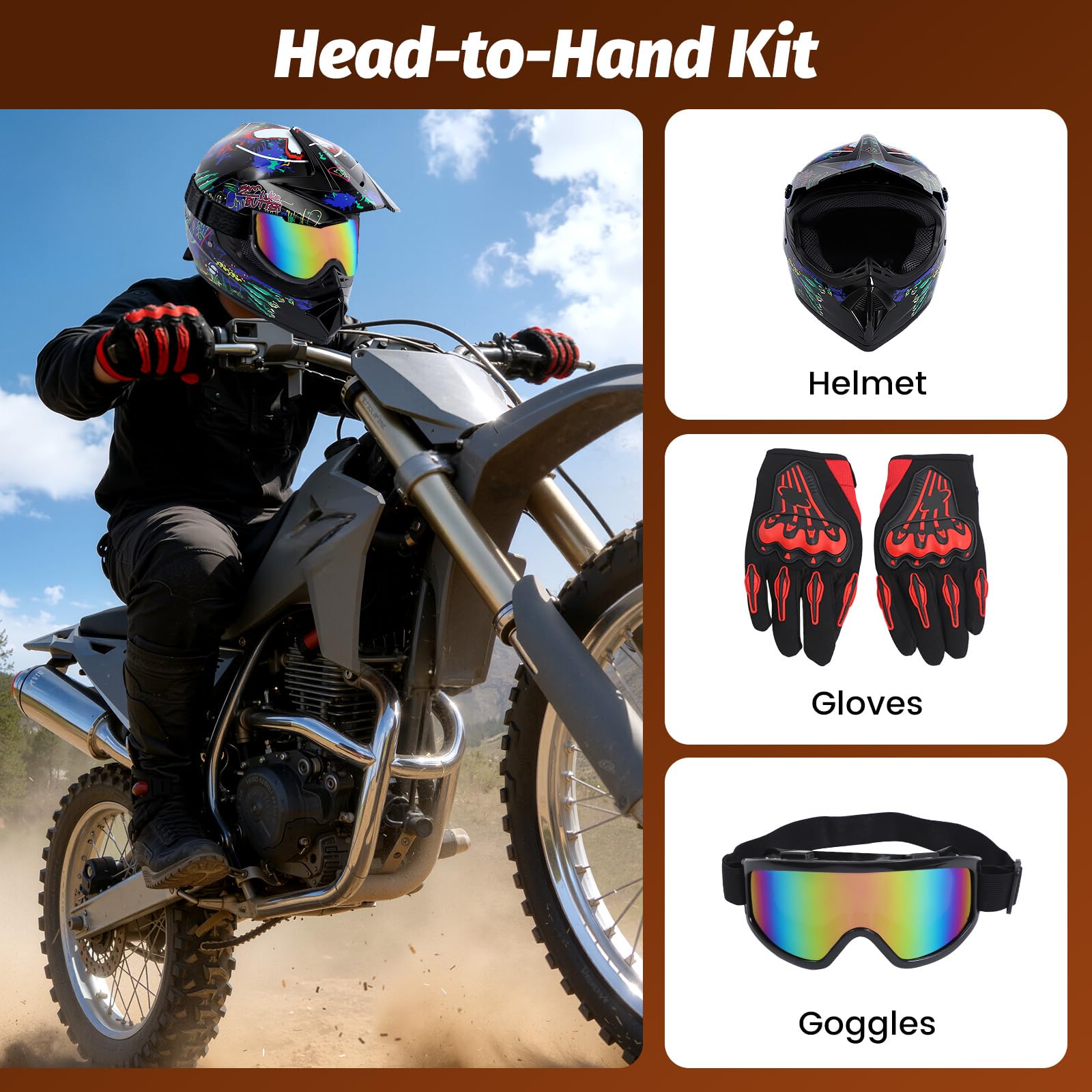 Set casco da motocross con occhiali e guanti | Casco da moto per circonferenza della testa 55-56 cm, colorato, grafica fuoristrada, guscio in ABS, occhiali protettivi a