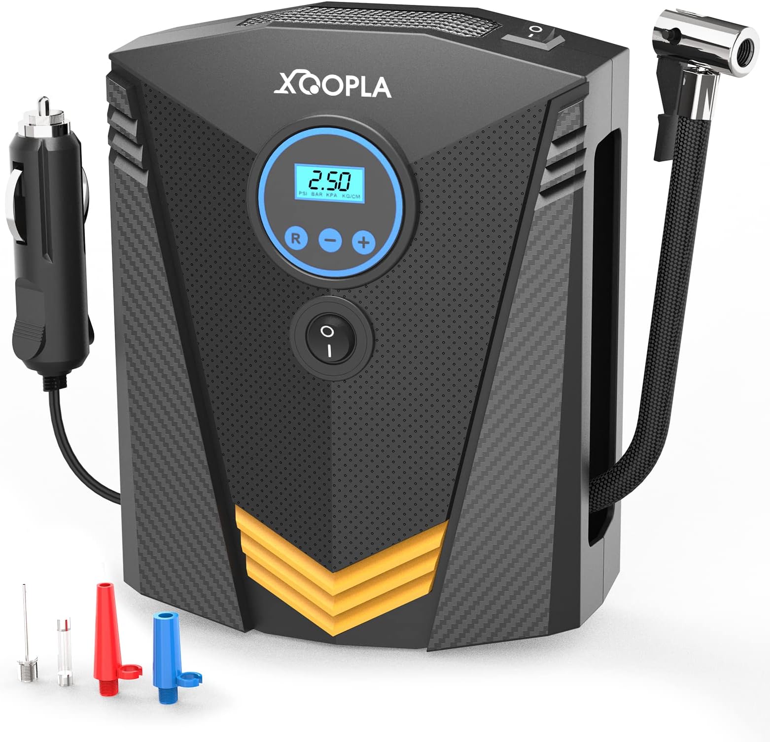 Xoopla 20L/Min Tire Inflator Air Compressor - Portable 150PSI DC12V Electric Pump with 9.5FT Cord, Digital Pressure Display, 3 Nozzles & LED Light - Fast Inflation for Car, Bike & Sports Balls