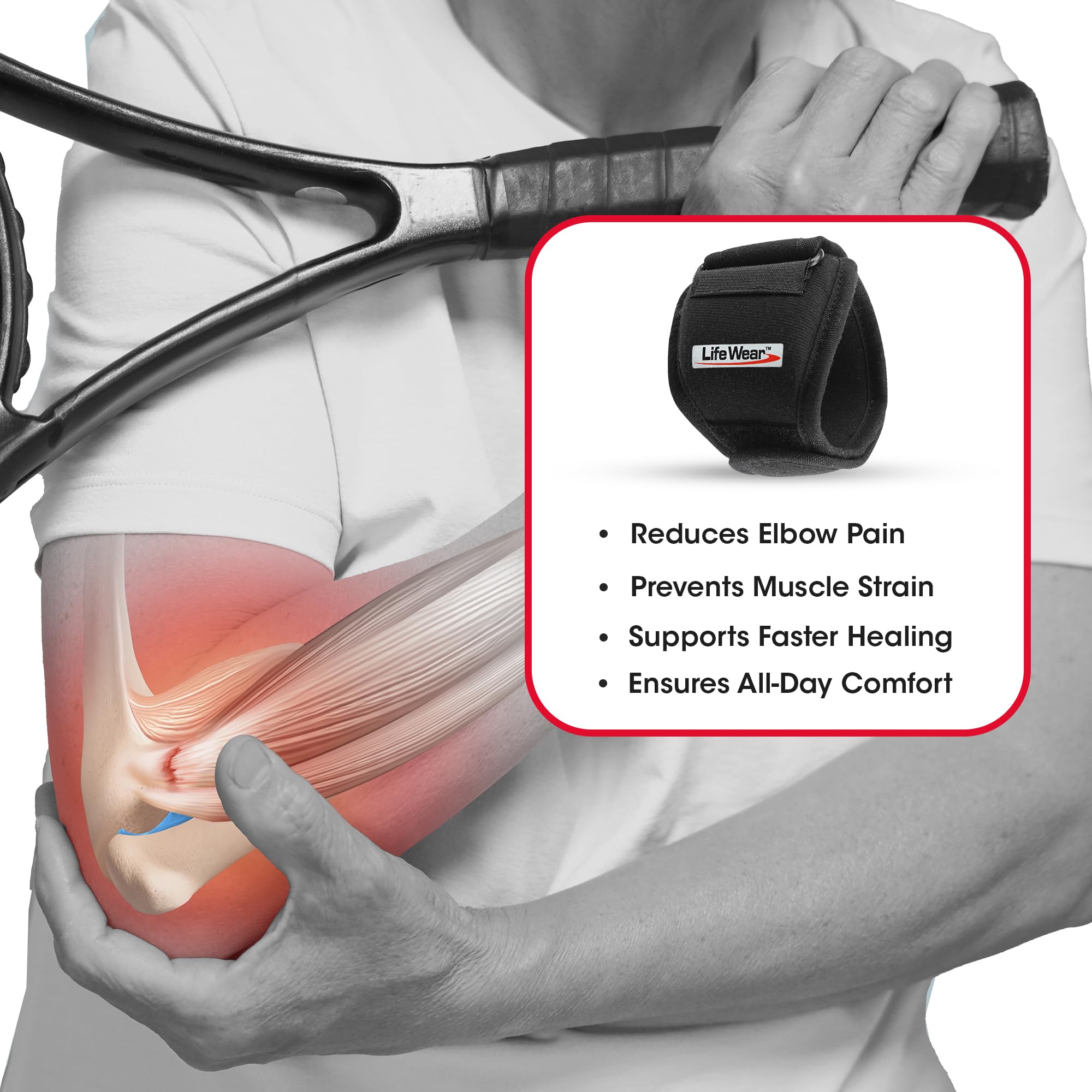 LifeWear Tennis Elbow Brace for Pain Relief, Adjustable Elbow Band with Compression Pad, Forearm Support Strap for Gym, Tennis, Badminton, Golf and Other Sports, For Men and Women, Universal Size - Image 6 thumbnail