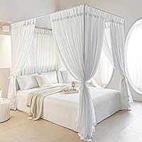 AIKASY White Princess Bed Canopy Curtain Tent Full/Queen - Self-Adhesive Gauze Top, Romantic Breathable Bedroom Decor