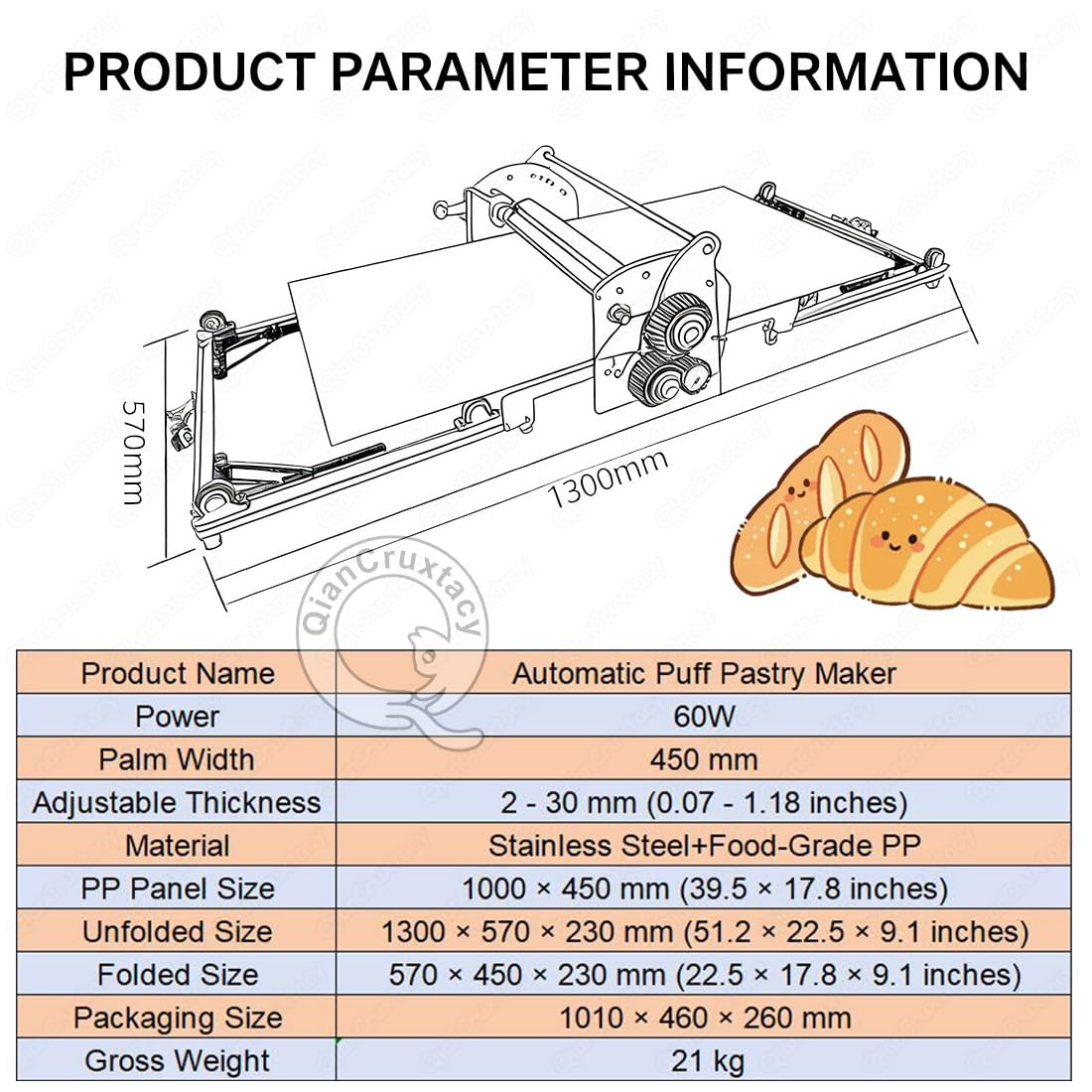 Elektrischer Teigroller, 450 mm, Edelstahl, 2–30 mm, verstellbare Dicke, für Croissants, Pizza, Blätterteig, Fondant, kommerzielle und private Nutzung