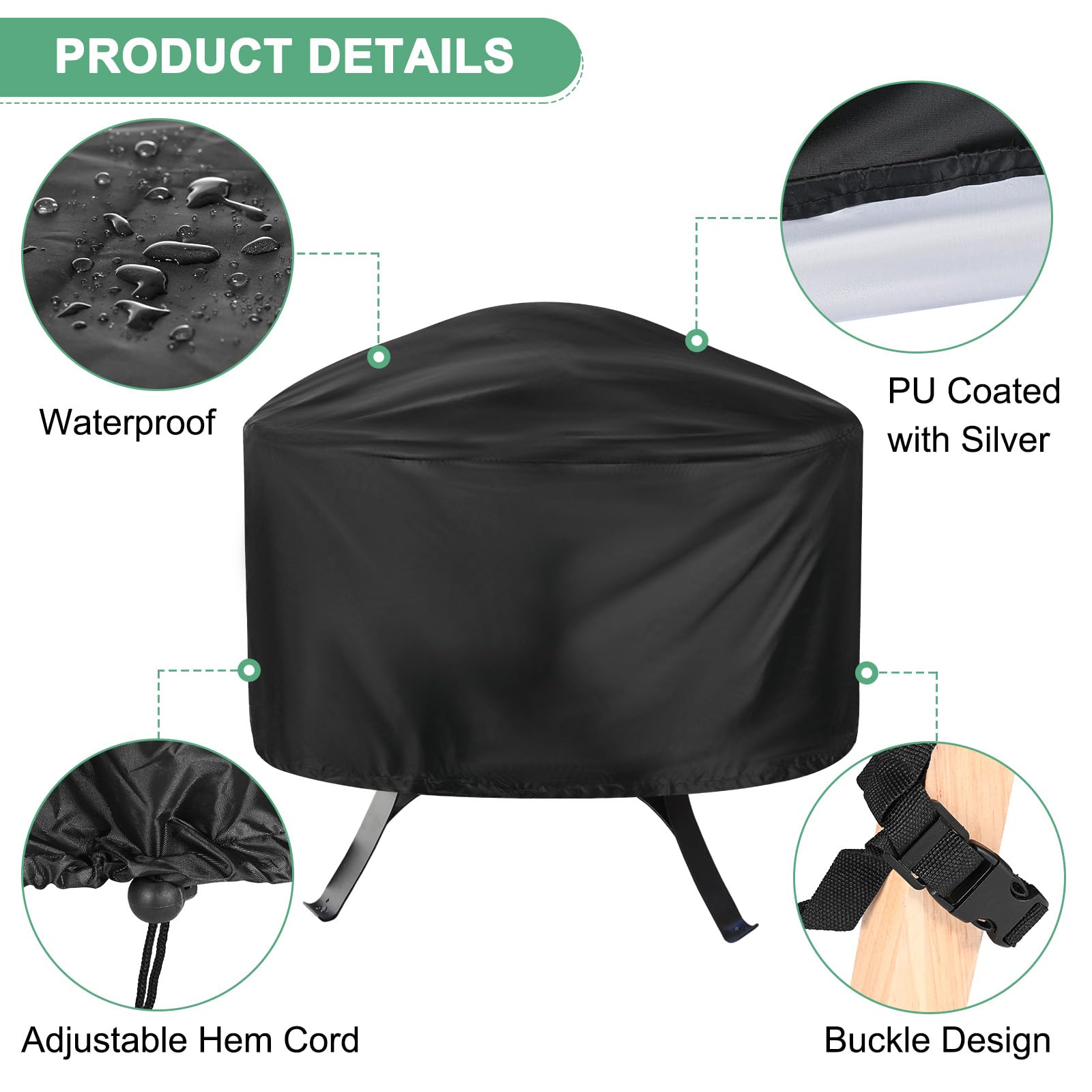 M METERXITY Round Outdoor Fire Pit Cover, 33" x 16" (Dia x H) Patio Fire Pit Table Cover - Image 2