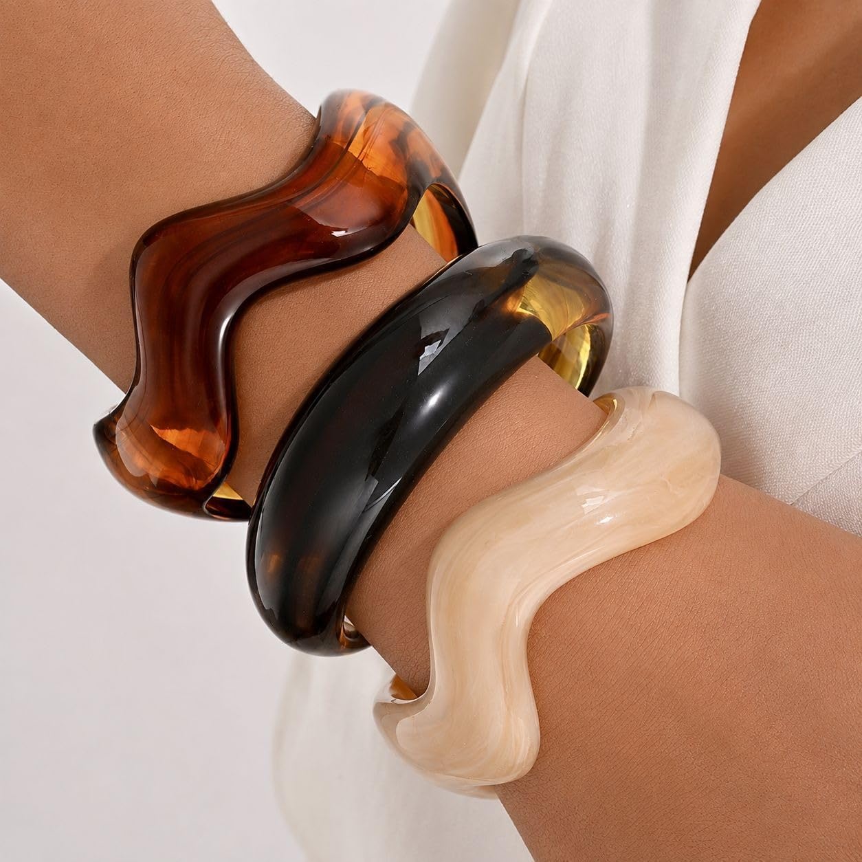 72ore Brown Acrylic Bangles Chunky Jewelry Gold Wave Stack Set for Women image 5