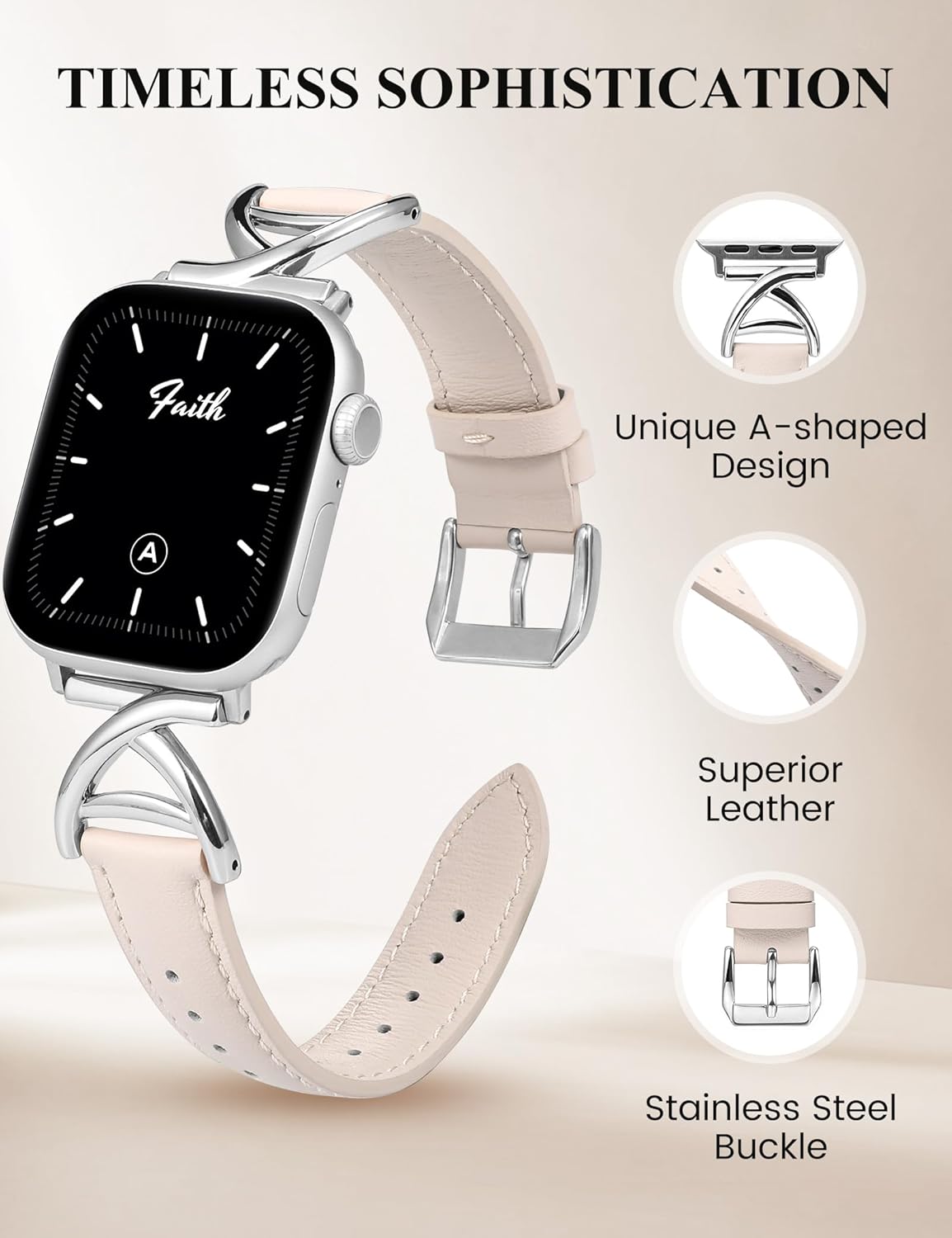 Minyee Leather Band Compatible with Apple Watch Bands 38/40/41/42/44/45/46/49mm Women, Slim Dressy Premium Leather Strap with A-Shape Metal Buckle for iWatch Series 11 10 9 8 7 6 5 4 SE/Ultra 3 2 1 - Image 2