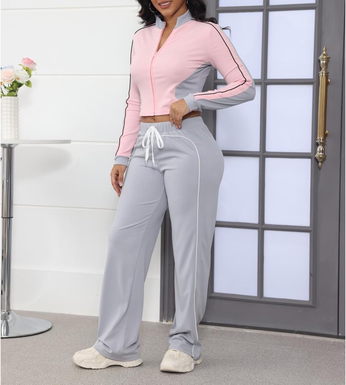 ECHOINE Workout Sets for Women Long Sleeve Color Block Zip Up Jacket High Waisted Sweatpants Set 2 Piece Outfits - Image 2
