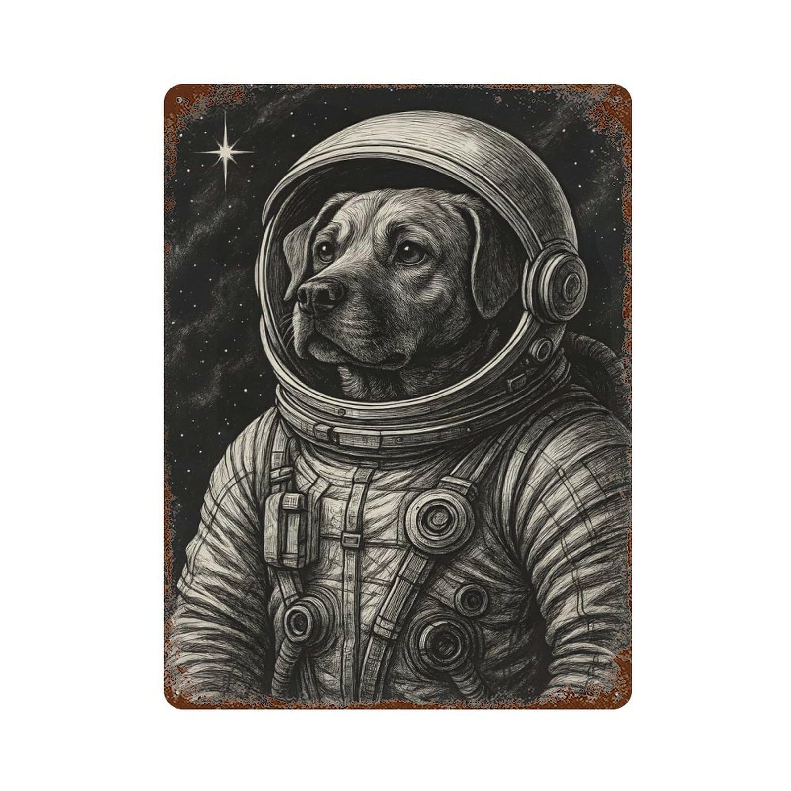 Dog Astronaut in Space Suit Rusty Metal Tin Sign 15.7"x11.8", Rustic Home Decor for Living Room, Hallway And Home Decor