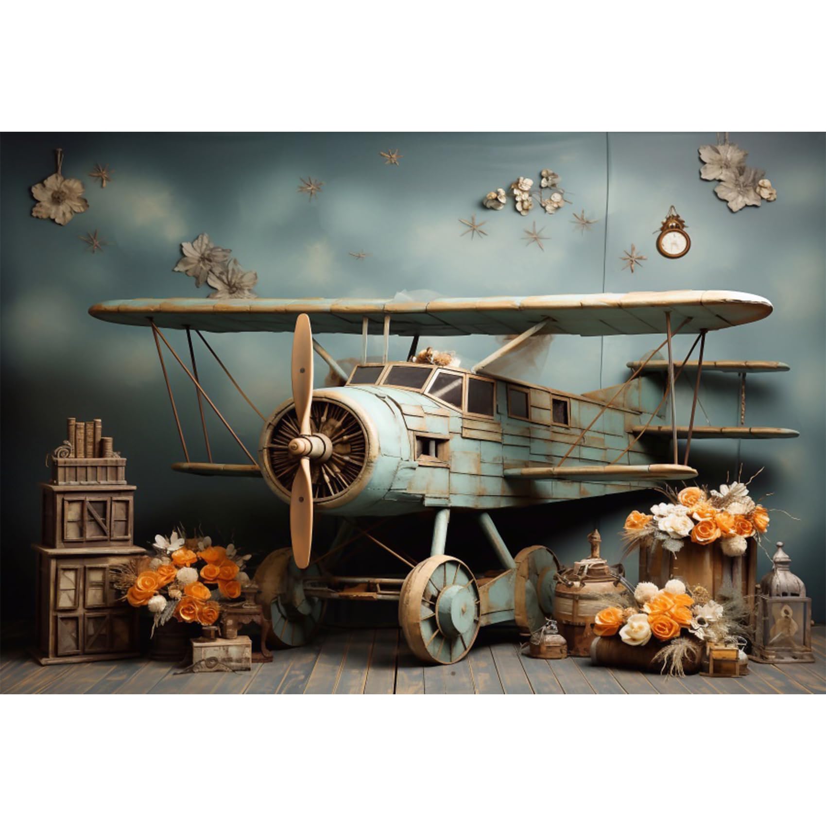 YongFoto Retro Aircraft Backdrop 7x5ft Wooden Floor Orange Flowers Dried Pampas Leaves Photography Background Travel Adventure Kids Birthday Party