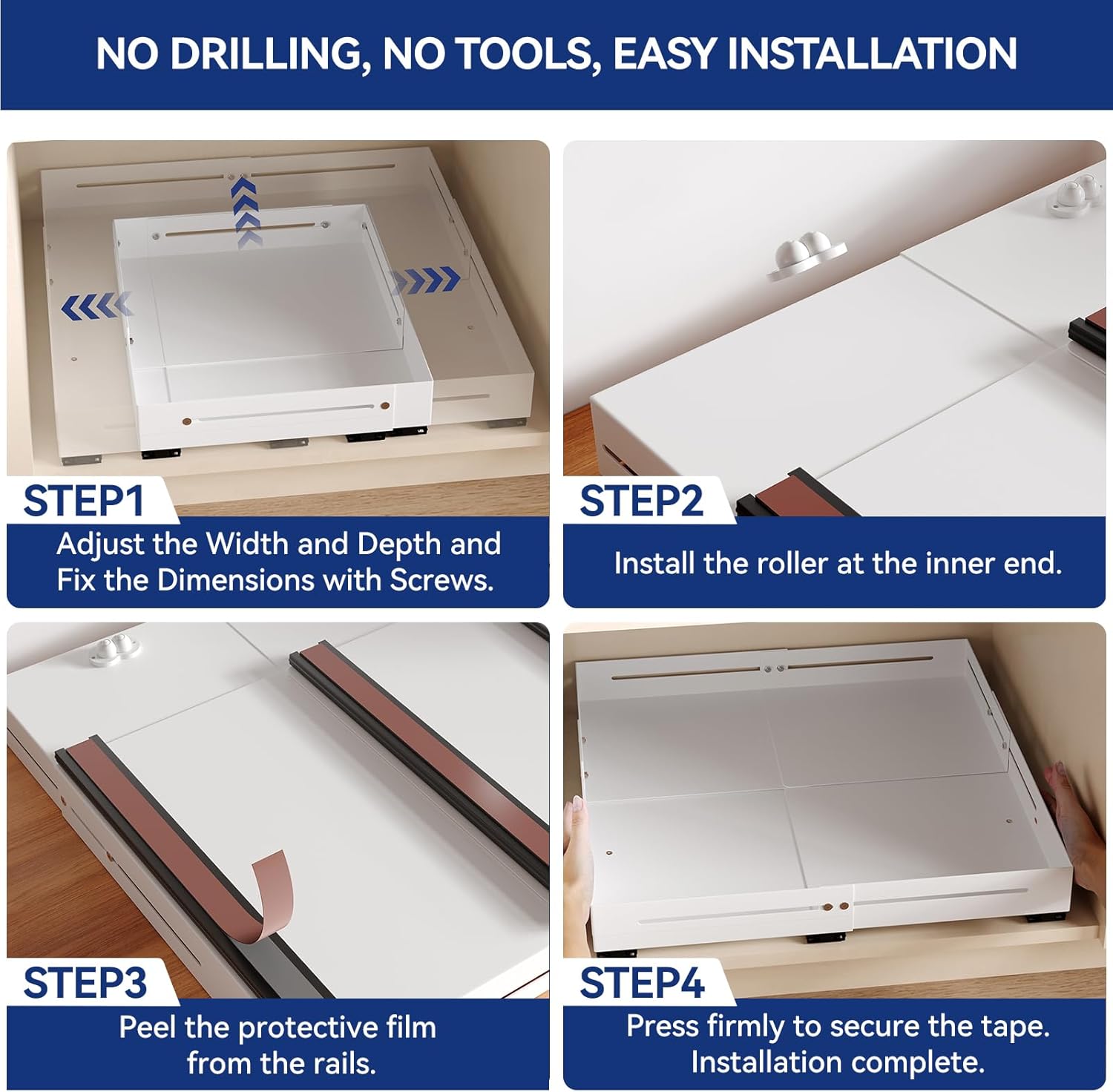 Pull out Cabinet Organizer, Full Metal Expandable Width (14.8"-20.8") & Depth (12.4"-17.7") Adjustable Slide out Drawers, No Drill Adhesive Roll out Shelves for Kitchen Pantry, White