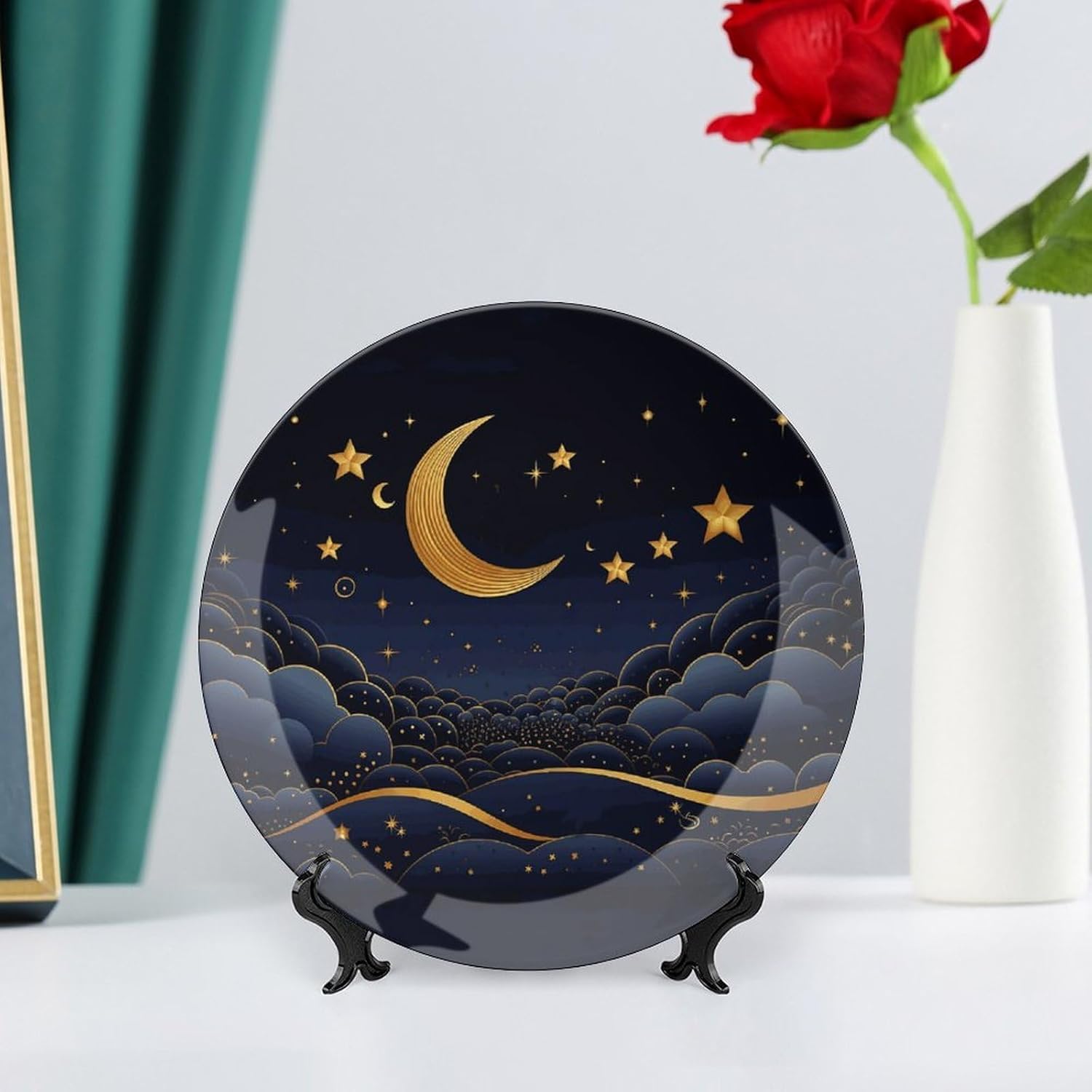 Stars And Moon Bone China Decorative Plate with Display Stand, Ceramic Ornaments Plate for Wall Hanging, Personalized Porcelain Plates for Office, Living Room 8inch