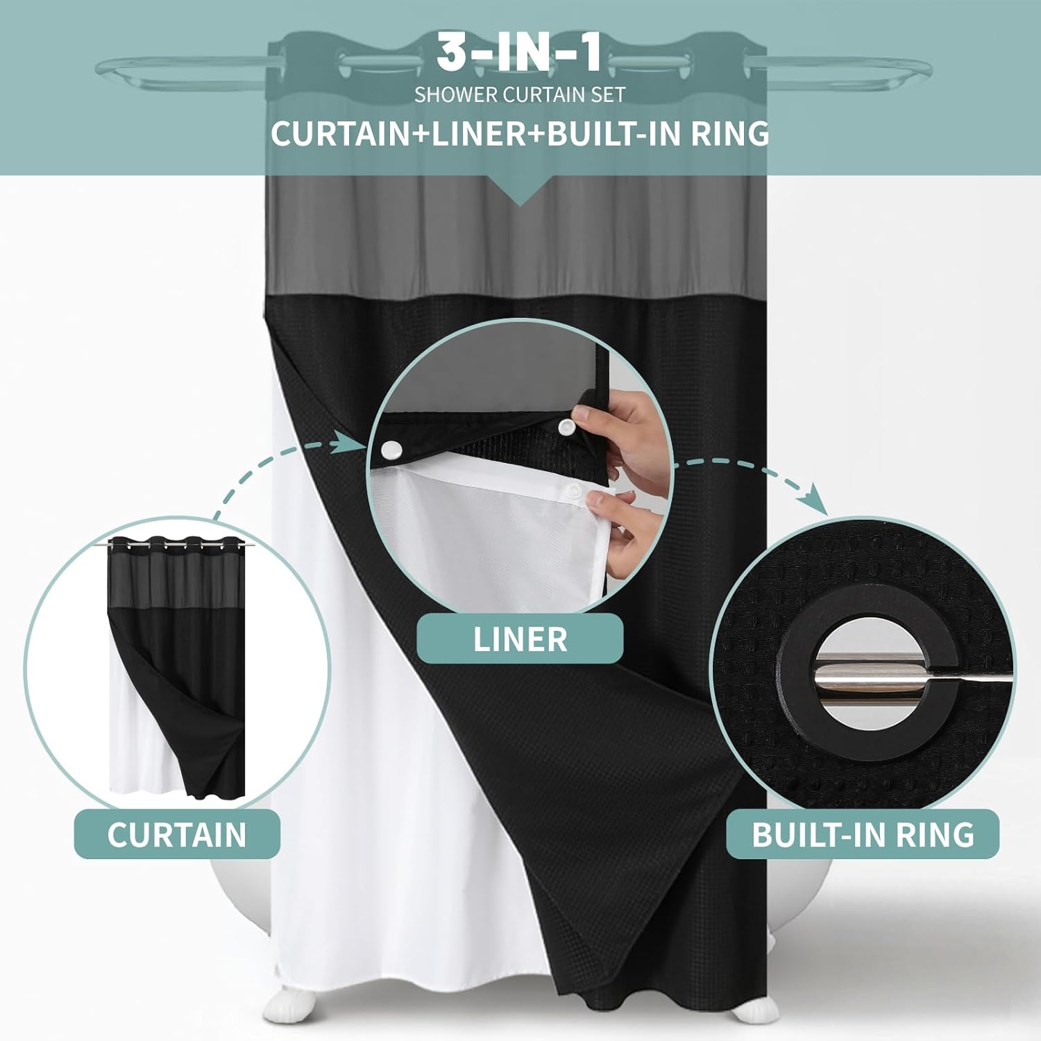 Stall Black No Hook Waffle Weave Shower Curtain with snap-in Liner Replacement, 230GSM Waterproof Fabric Hotel Shower Curtain Set for Bathroom, Through Mesh Top Window,54Wx80H