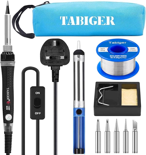 Tabiger Soldering Iron Kit with Lead Free Solder Wire 50g, Soldering Iron with ON/Off Switch, Desoldering Pump, 5pcs Replacement Tips, Soldering Iron Stand, Cleaning Sponge and a Tool Bag