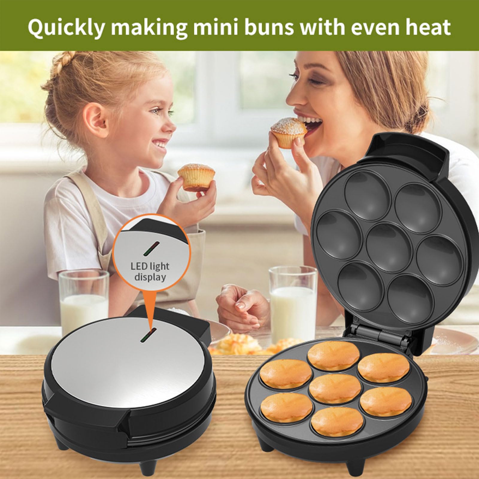 Machine À Mini Tartes Et Quiches 1000W, Appareil À Cupcakes Électrique, Plaques de Cuisson Antiadhésives pour 7 Donuts Faits Maison, Chauffage Double Face