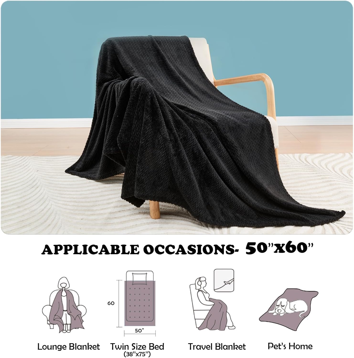 NEWCOSPLAY Super Soft Throw Blanket Black Premium Silky Flannel Fleece Leaves Pattern Lightweight Bed Blanket All Season Use (Black, Throw(50"x60")) - Image 5