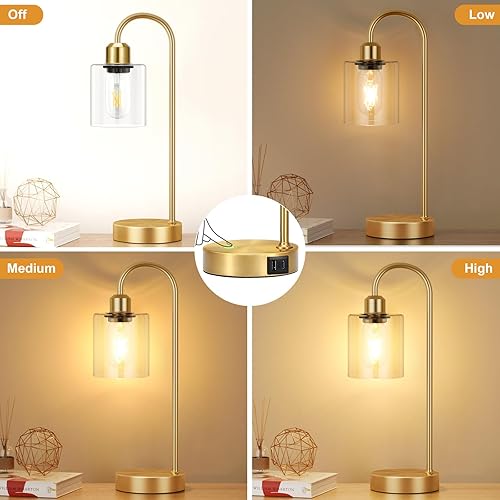 Miniatura 4 de Juego de 2 lámparas de mesa industriales doradas  Juego de 2 lámparas de escritorio táctiles regulables de 3 vías con puertos USB C+A, lámpara de