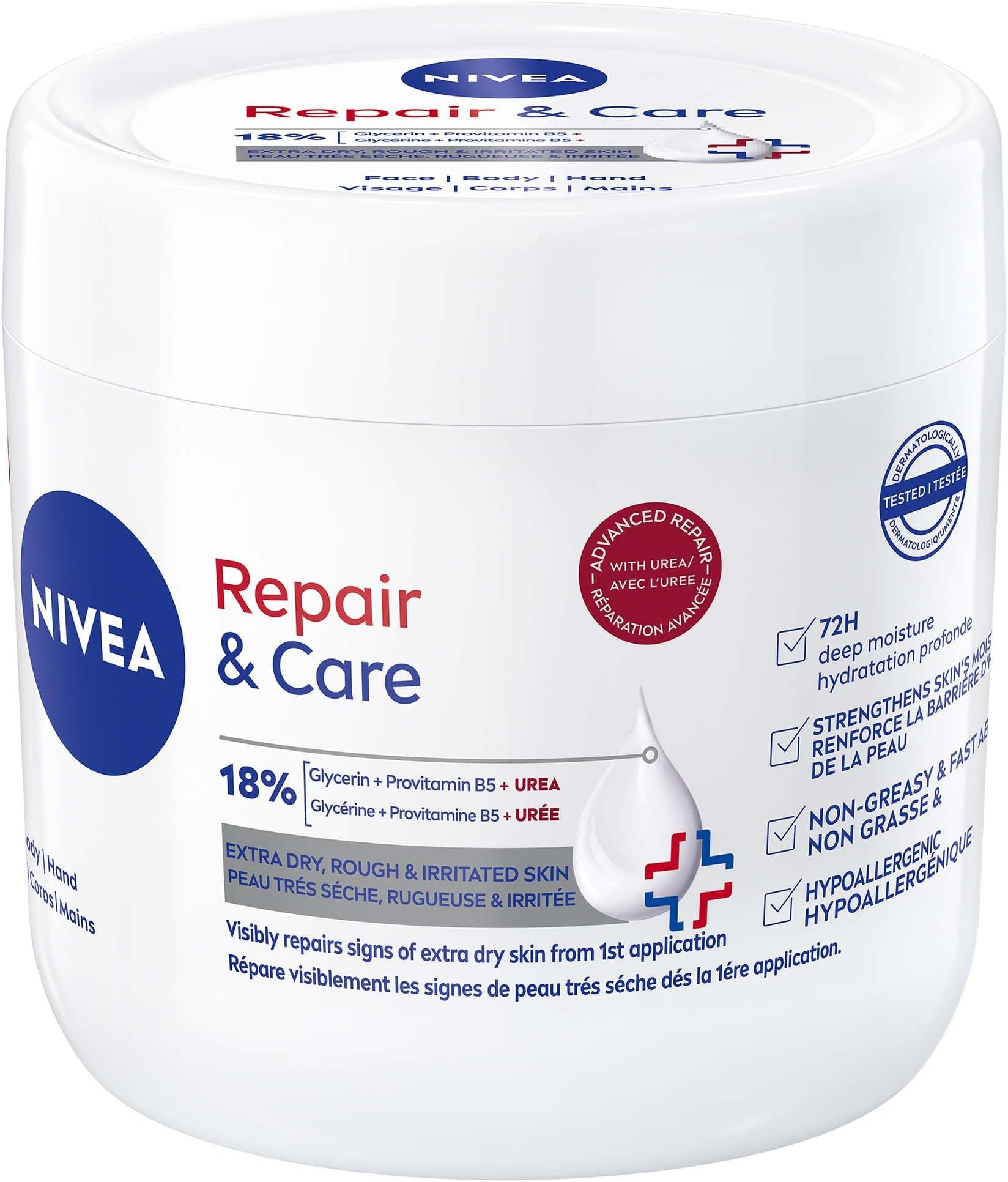 NIVEA Repair & Care Urea Cream (400ml), Deeply Hydrating Moisturising Cream, Moisturises Dry Skin With Urea and Glycerine for 72H, Ideal for Body, Hand and Face