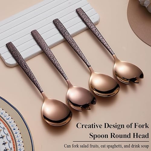 Miniatura 3 de Evanda Juego de servidor de ensalada de 4 piezas, juego de servir de ensalada de acero inoxidable, mango marrón y cuchara de ensalada de cabeza de