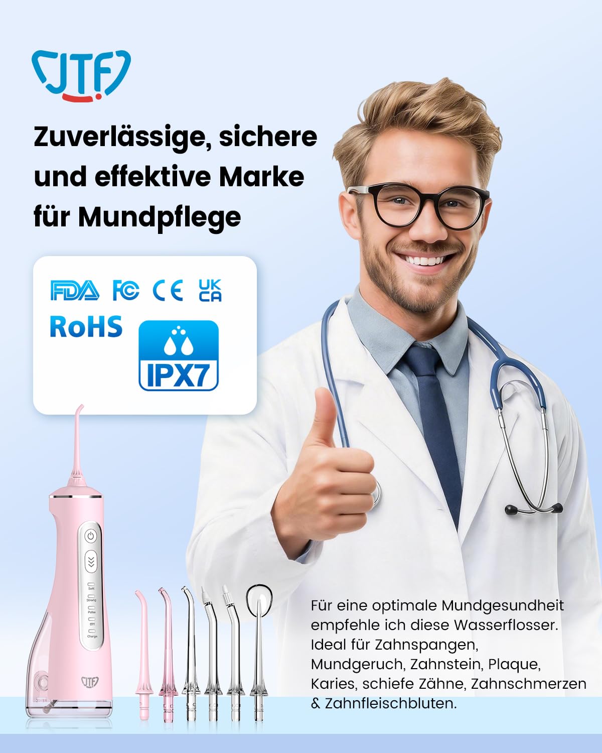 JTF Irrigador Bucal Eléctrico 300ML, 3+1 Modos Irrigador Dental, 6 Boquillas IPX7 Portatil Limpiador Dental para Ortodoncia/Encías Sensibles -Limpieza Dientes de Hogar Entusiastas Salud Ora(Rosa)