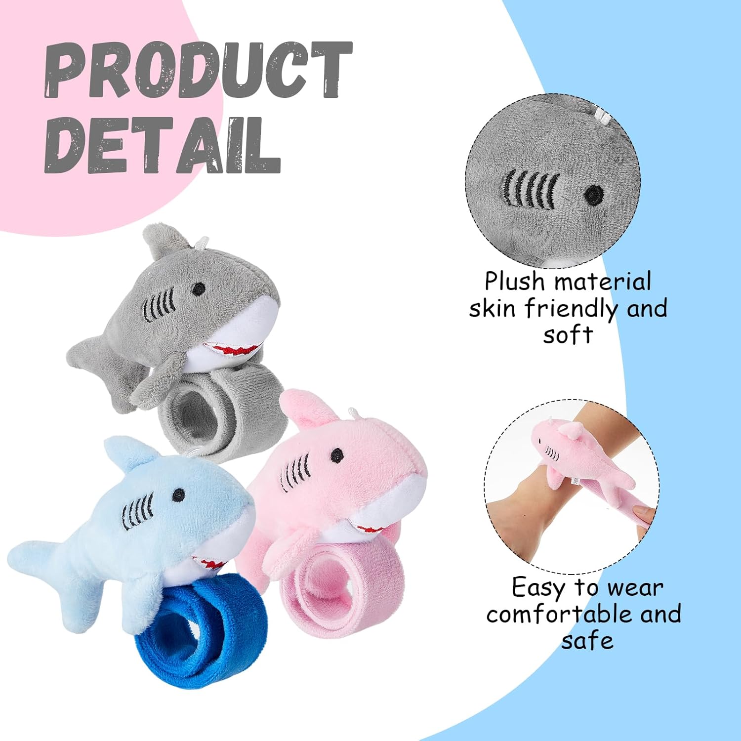 Silipull 12 Pcs Shark Slap Bracelet for Kids Plush Stuffed Ocean Animal Slap Wrist Band Bulk Cute Shark Snap Patting Circle Birthday Classroom Rewards Party Favors Gifts for Boys Girls, Blue Gray Pink