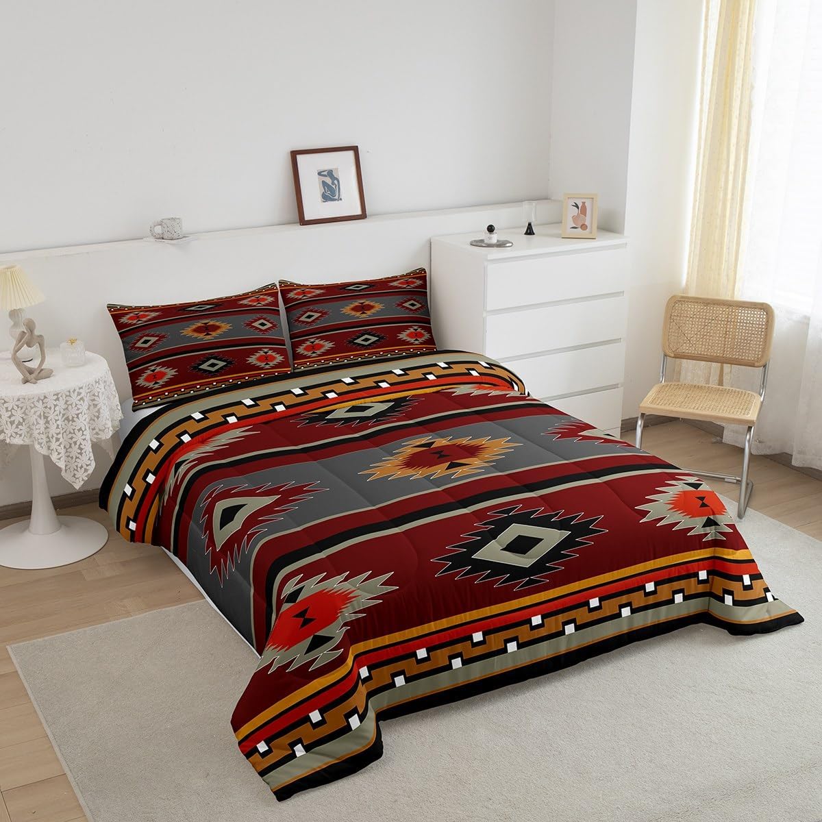 jejeloiu Boho Comforter Set Queen Size Southwest Native American Design Comforter Set Southwestern Geometric Bedding Set Modern Art Duvet Set Brown Chili Quilt Set - Image 2