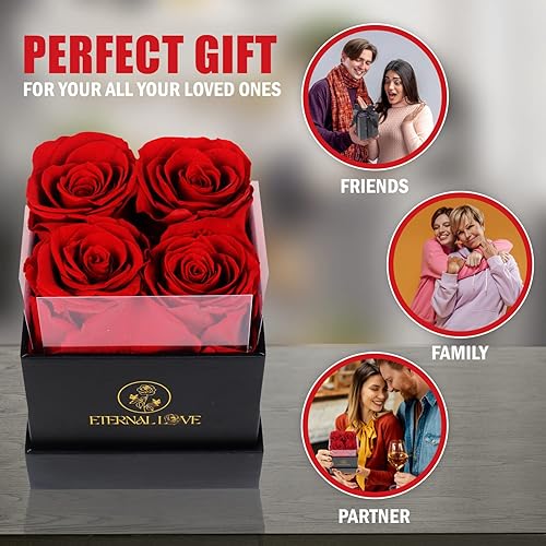 Miniatura 4 de Eternal Love Rosas preservadas en una caja, 4 rosas rojas perfumadas en caja cuadrada negra, rosas reales de larga duración, regalo único para