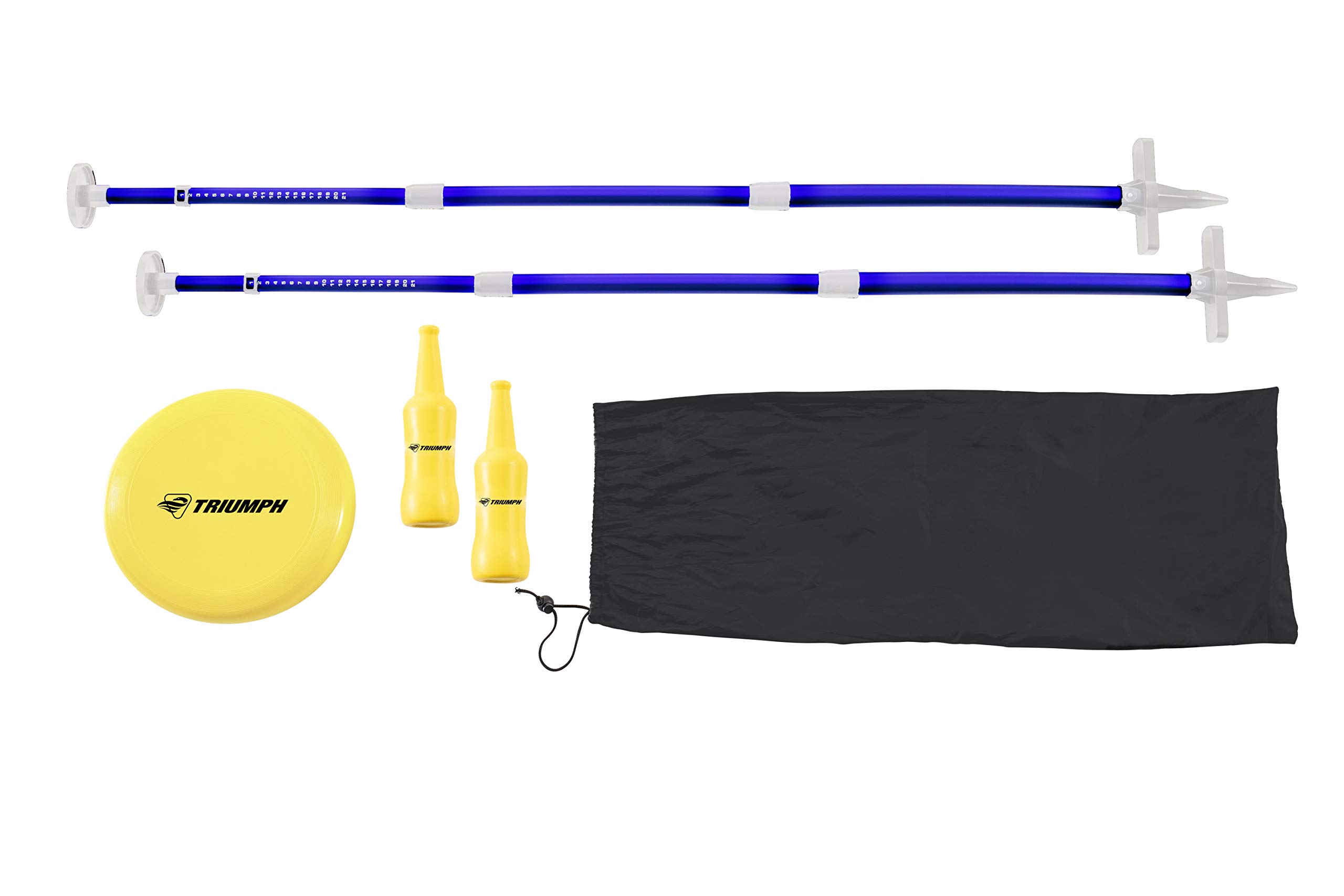 Triumph Sports Bottle Battle Disc-Throwing Outdoor Target Game Includes Two Aluminum Telescoping Poles, Two Non-Breakable Bottles, and Disc, Blue