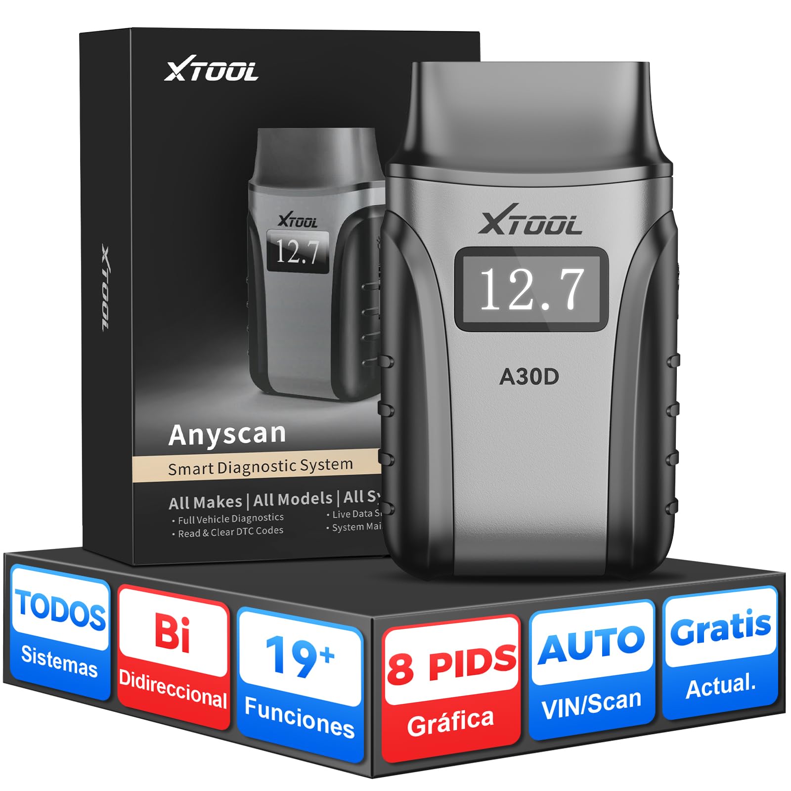 XTOOL Anyscan A30D OBD2 Diagnosis Español, diagnosis coche multimarca, 19 Servicios, Prueba Activa, Todos los Sistemas, OBD para Android e iOS, CAN FD, Actualizaciones Gratuitas, Inglés Predeterminado