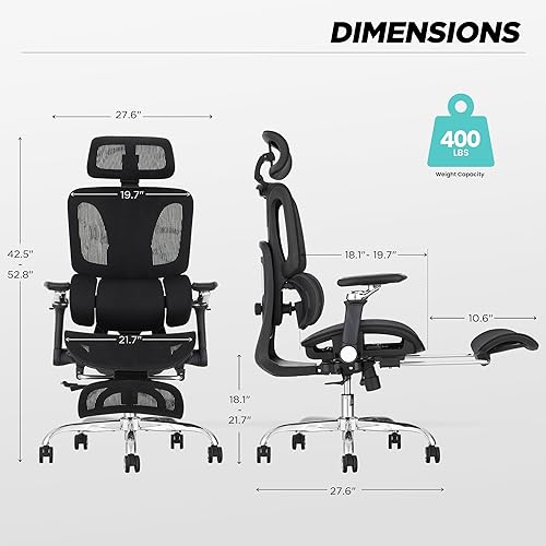 Miniatura 3 de Silla de oficina ergonómica con soporte lumbar dinámico de 3 zonas, silla de oficina grande y alta con reposapiés, profundidad de asiento ajustable,