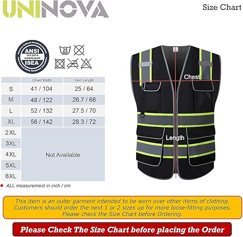 Miniatura 8 de Chaleco de seguridad Uninova de alta visibilidad, múltiples bolsillos, reflectante, malla transpirable, ropa de trabajo, estándares ANSIISEA