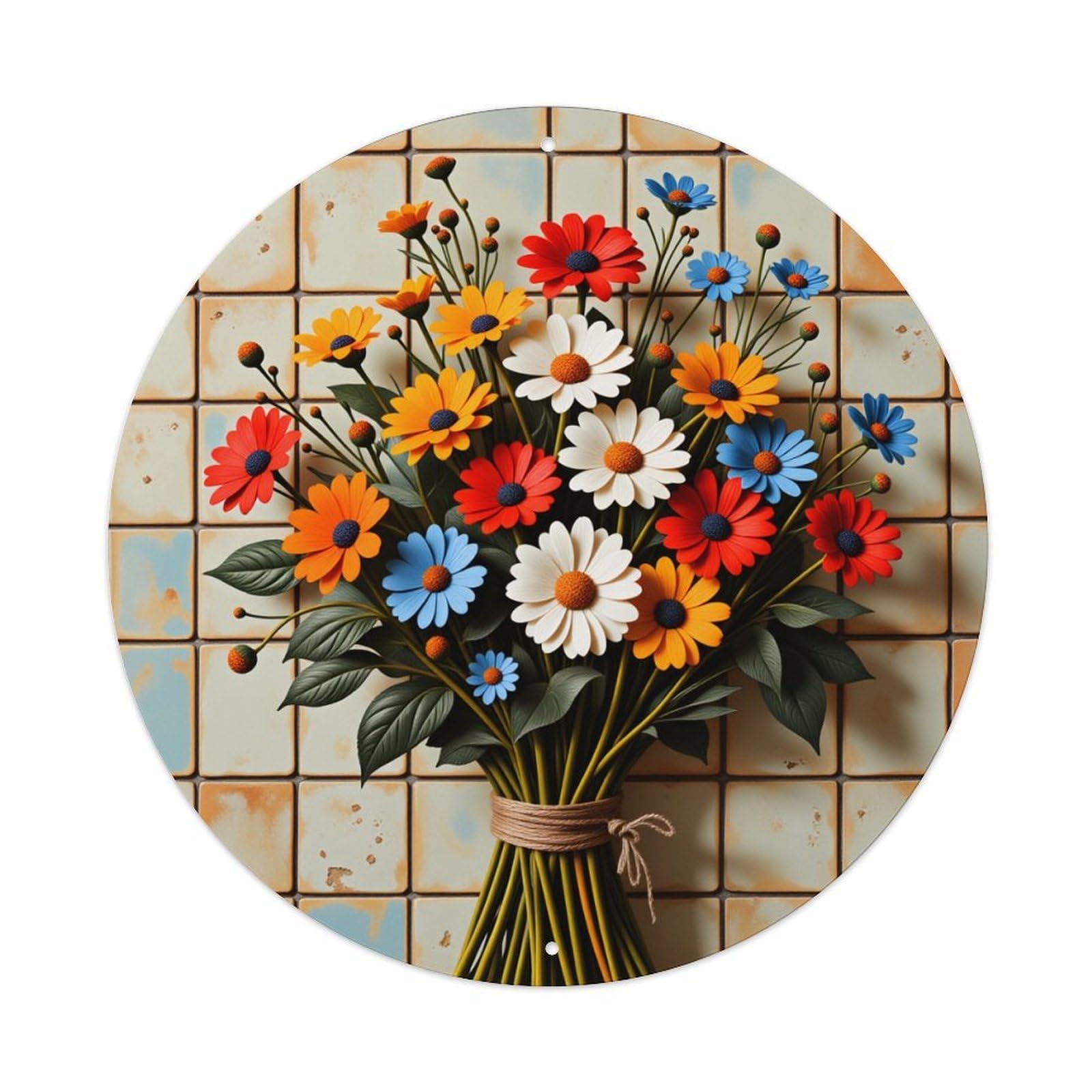 Colorful Daisy Bouquet Tile Background Vintage Metal Tin Sign Retro Wall Decor for Home Bar Garage Cafe, Indoor & Outdoor Decorative，circle Metal Poster, 8x8 Inch