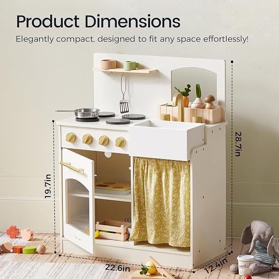 Tiny Land Toddler Kitchen Playset, Wooden Play Kitchen Set Toy with Cutting Food & Cookware, Oven, Clicking Knobs, Stove and Sink, Small Toy Kitchen Gift for Kids, Girls & Boys - Cream