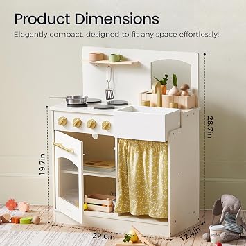 Tiny Land Toddler Kitchen Playset, Wooden Play Kitchen Set Toy with Cutting Food & Cookware, Oven, Clicking Knobs, Stove and Sink, Small Toy Kitchen Gift for Kids, Girls & Boys - Cream