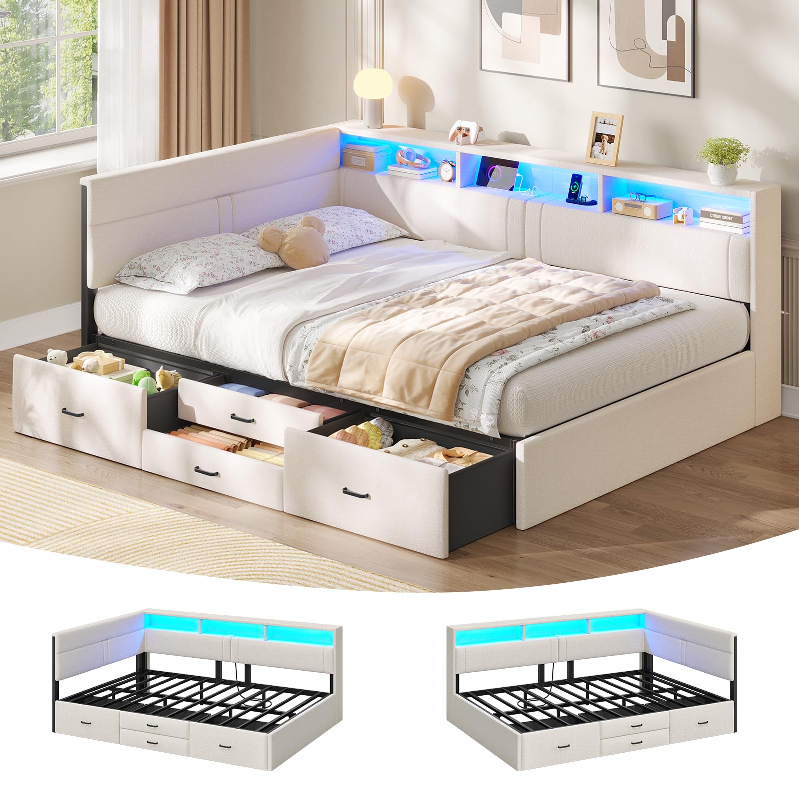 AOGLLATI Polsterbett Schlafsofa 140x200, Doppelbett mit LED-Beleuchtung & Ladestation, Betten 140x200 mit 4 Schubladen und Lattenrost aus Metall, Jugendbett Tagesbett, Leinen Beige (ohne Matratze)