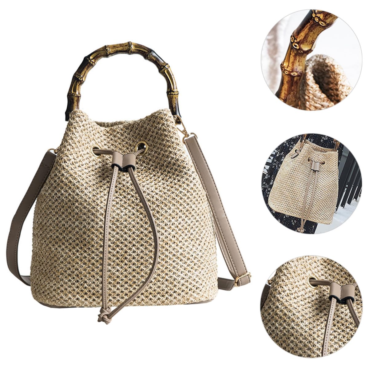Borsa Paglia a Secchiello Tracolla, in Lino e Poliestere, Color Kaki, Semplice alla Moda, per Appuntamenti e Viaggio