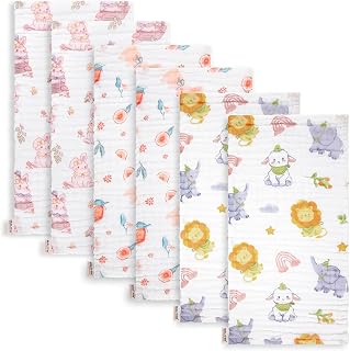 Maliton Muslin Burp Cloths for Baby Girl 6 Pack Large 20''x10'' 100% Cotton Burp Rags Absorbent and Soft 6 Layers Muslin Cloth Baby Boy Newborn Essentials Must Haves (Rabbit & Fruit)
