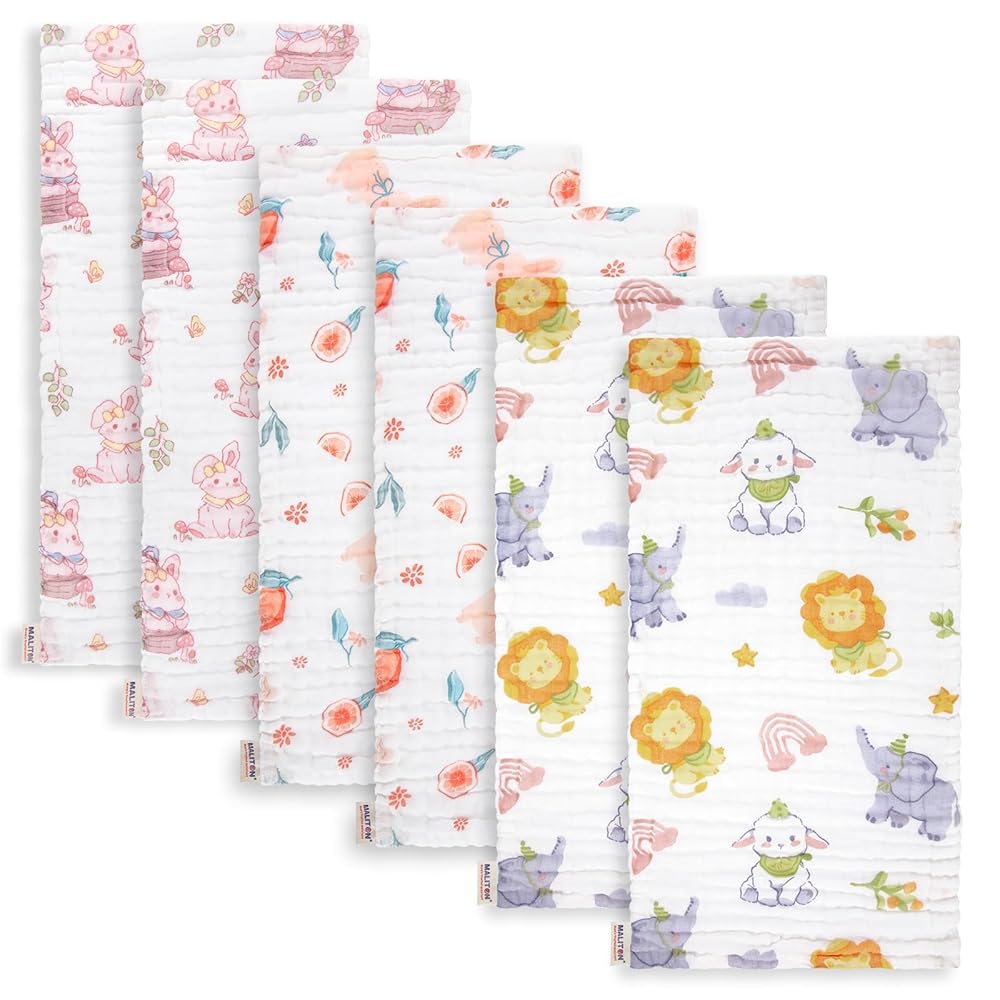 Maliton Muslin Burp Cloths for Baby Girl 6 Pack Large 20\'\'x10\'\' 100% Cotton Burp Rags Absorbent and Soft 6 Layers Muslin Cloth Baby Boy Newborn Essentials Must Haves (Rabbit & Fruit)